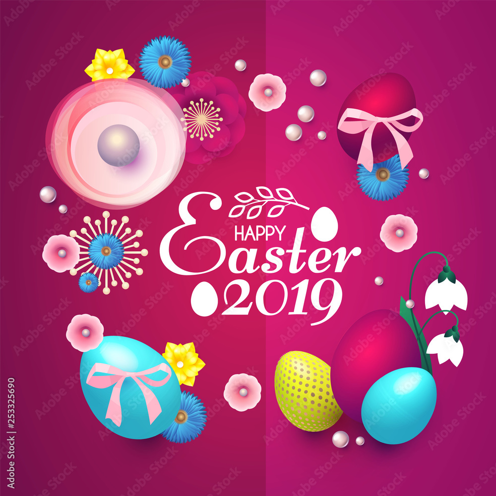 Happy Easter Design Template with Realistic Colorful Eggs and Spring Flowers.