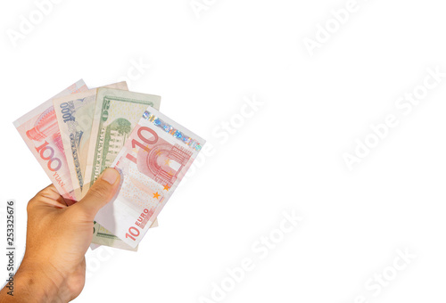 Many currency bangknote in hand with white background