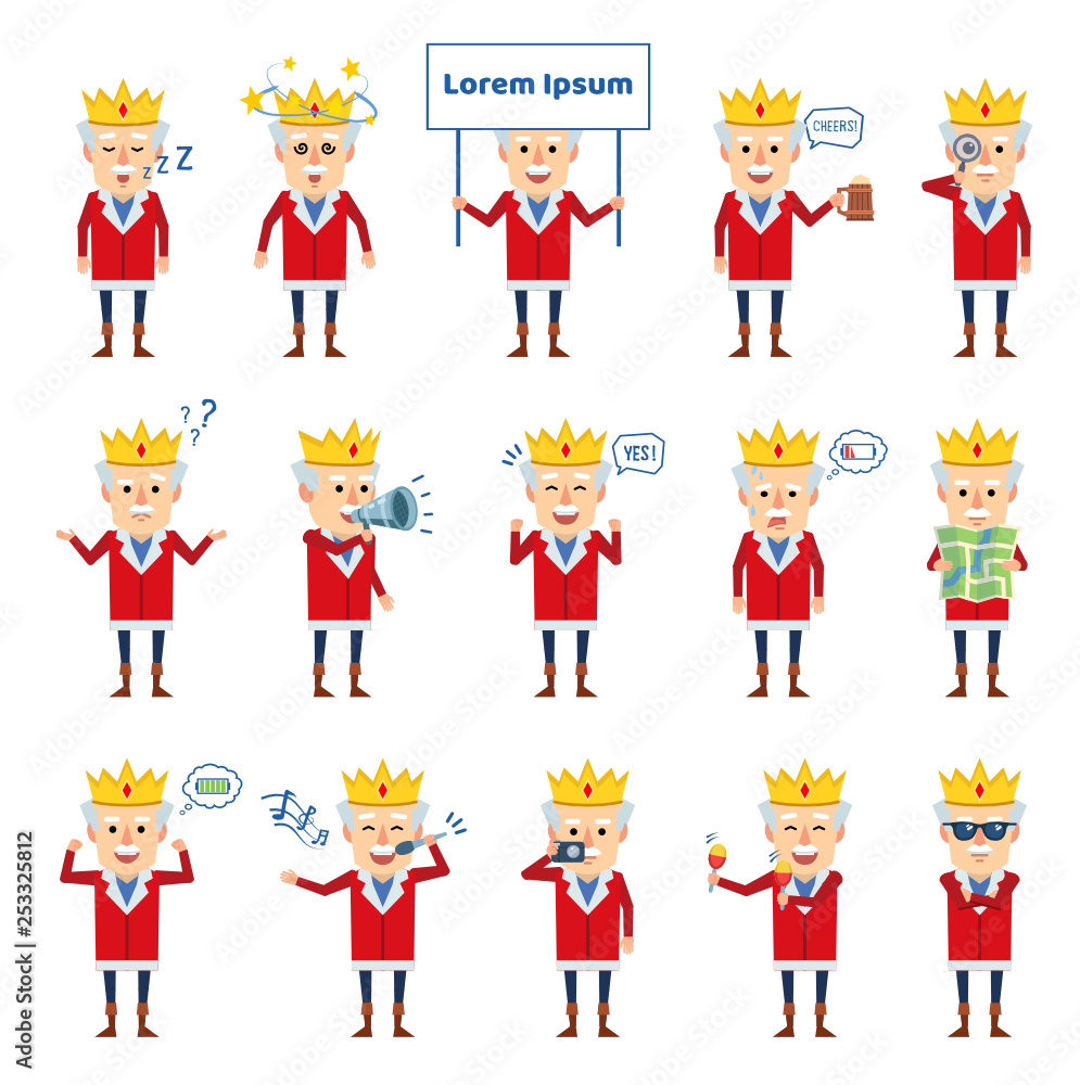 Set of old king characters showing various actions. Cheerful king holding map, signboard, loudspeaker, sleeping and showing other actions. Flat design vector illustration