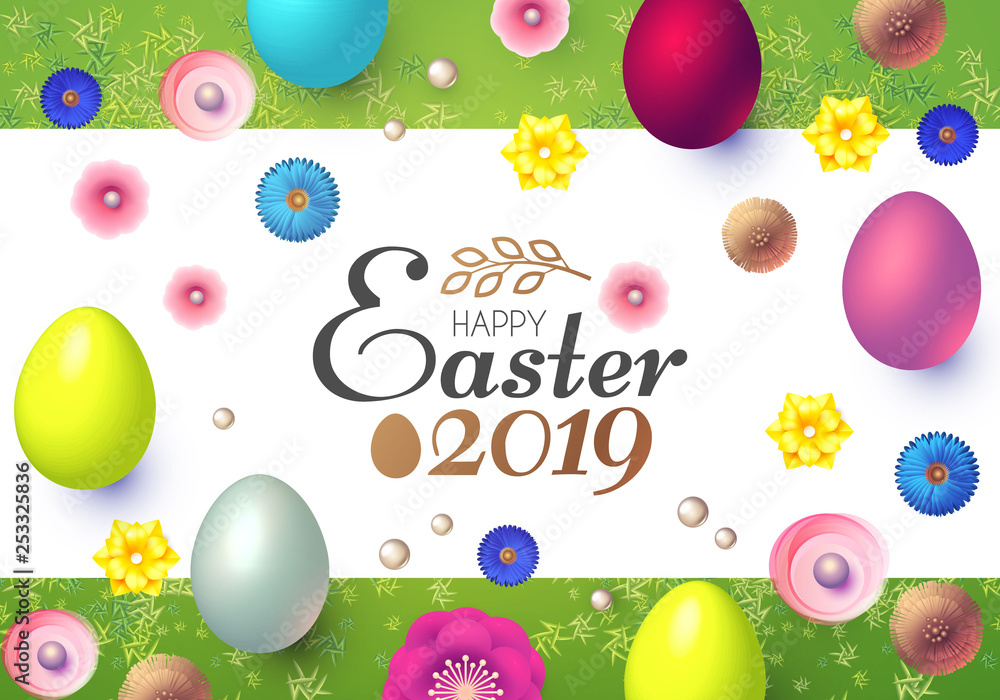Happy Easter Design Template with Realistic Colorful Eggs,Banner, Spring Flowers and Grass.