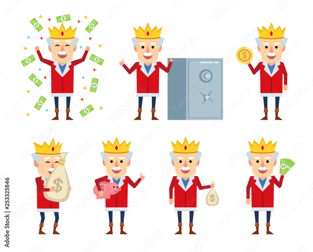 Set of old king characters posing with money in various situations. Cheerful king holding bag of money, piggy bank and showing other actions. Flat design vector illustration