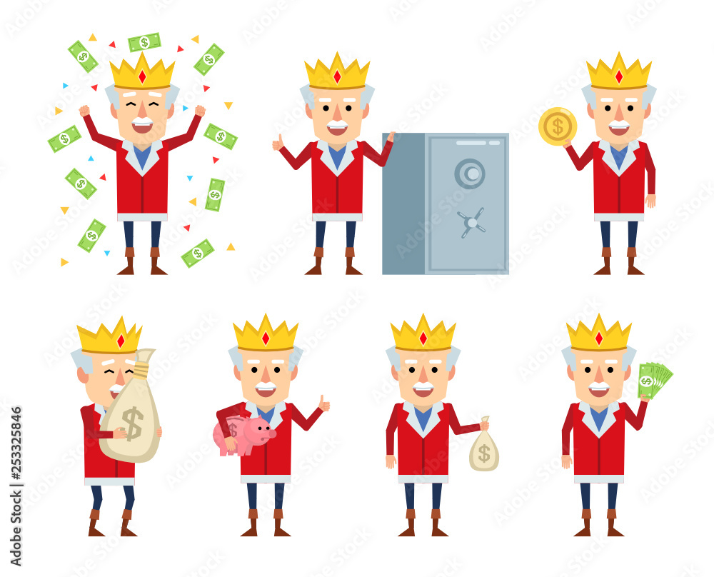 Set of old king characters posing with money in various situations. Cheerful king holding bag of money, piggy bank and showing other actions. Flat design vector illustration Set of old king characters posing with money in various situations. Cheerful king holding bag of money, piggy bank and showing other actions. Flat design vector illustration