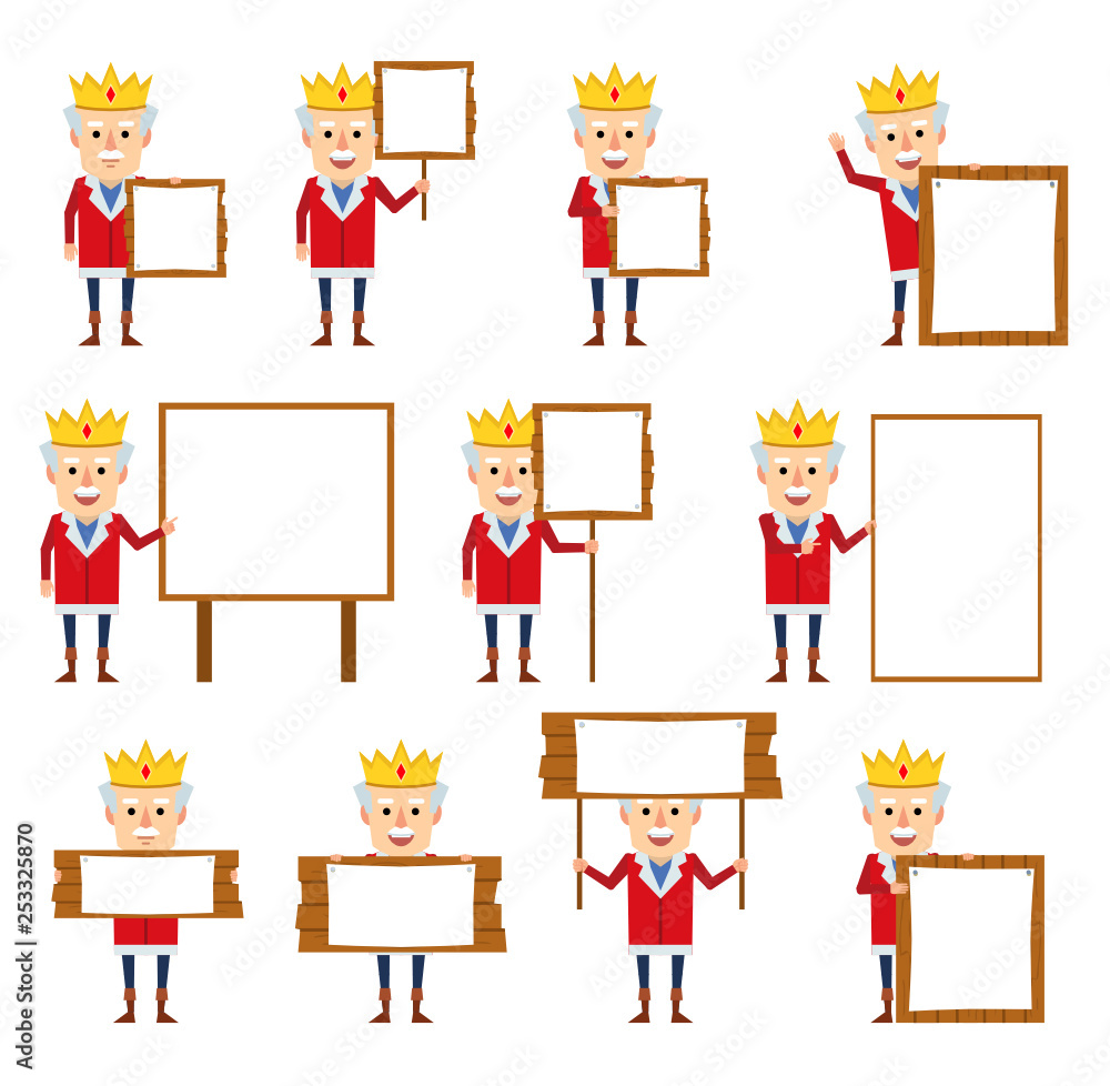 Set of medieval king characters posing with different wooden signboards. Funny king holding banner, sign, pointing to whiteboard. Flat style vector illustration Set of medieval king characters posing with different wooden signboards. Funny king holding banner, sign, pointing to whiteboard. Flat style vector illustration