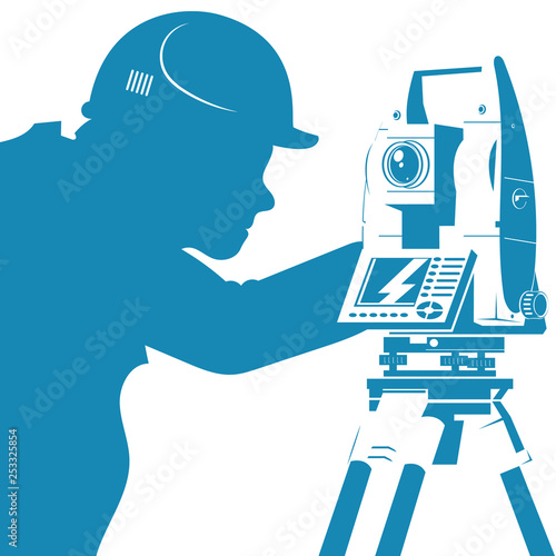 Engineer working with geodetic total station silhouette