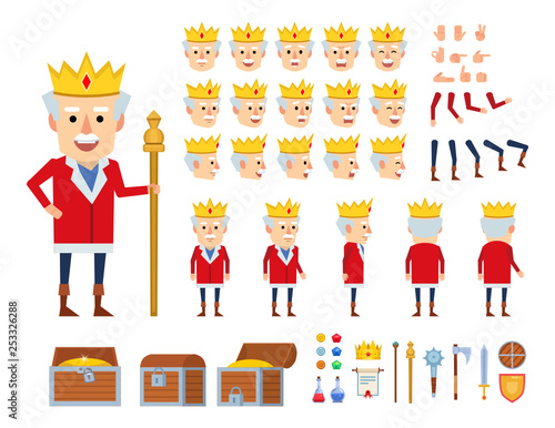 Old medieval king creation kit. Create your own pose, action, animation. Diverse emotions, gestures, design elements. Flat style vector illustration
