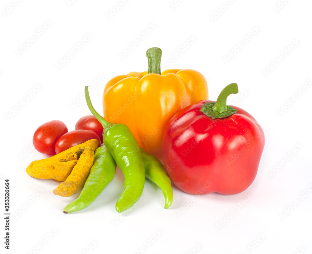 Table top photography green vegetables and spices.