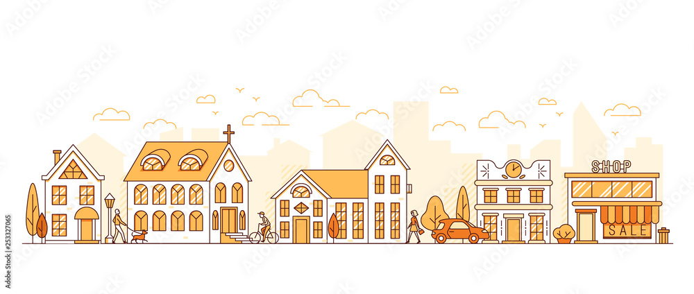 Line art, cityscape, town street with houses, church and shop