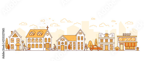 Line art, cityscape, town street with houses, church and shop