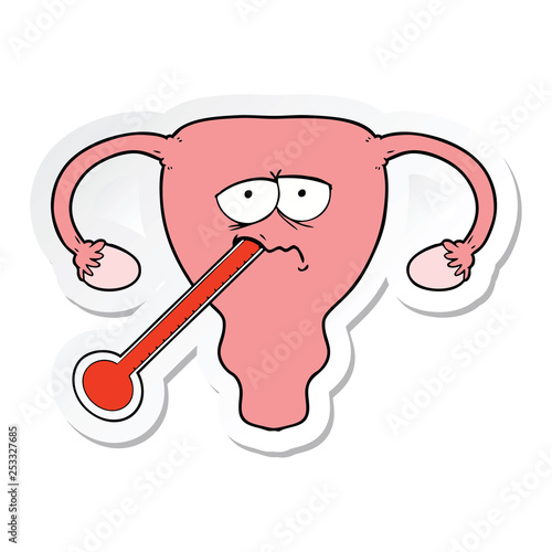 sticker of a cartoon poorly uterus