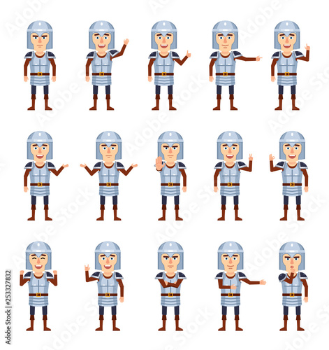 Set of medieval knight characters showing different hand gestures. Funny warrior pointing, greeting, showing thumb up and other gestures. Flat style vector illustration