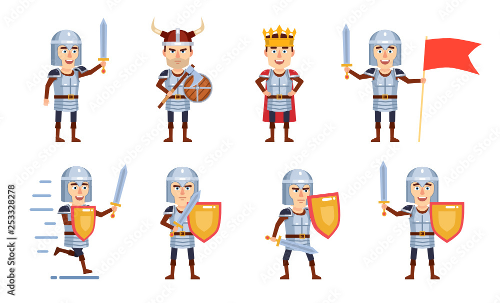 Set of medieval knight characters showing different battle actions. Cheerful knight holding flag, wearing crown and showing other actions. Flat style vector illustration