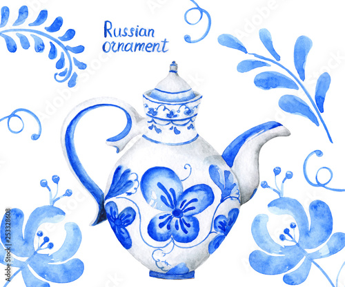Quadro su tela Russian ornament on a teapot painted in watercolor