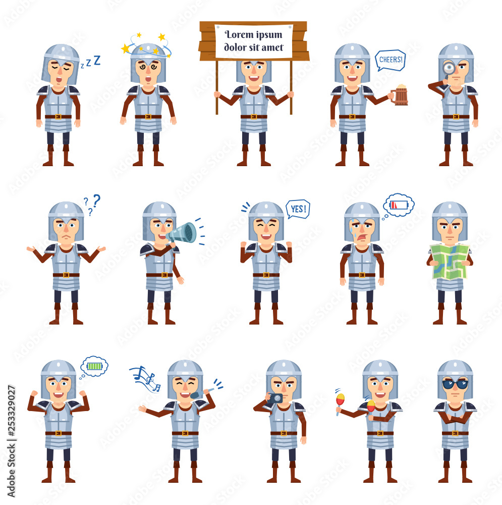 Set of medieval knight characters showing different actions. Cheerful knight holding signboard, map, loudspeaker, photo camera, magnifier and showing other actions. Flat style vector illustration Set of medieval knight characters showing different actions. Cheerful knight holding signboard, map, loudspeaker, photo camera, magnifier and showing other actions. Flat style vector illustration