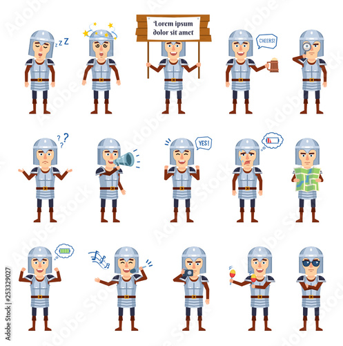 Wallpaper Mural Set of medieval knight characters showing different actions. Cheerful knight holding signboard, map, loudspeaker, photo camera, magnifier and showing other actions. Flat style vector illustration Torontodigital.ca