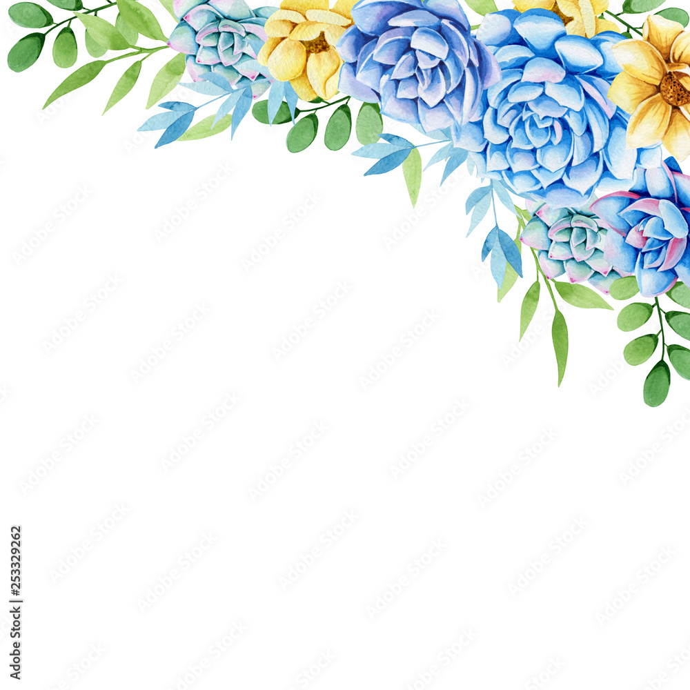 Obraz premium Watercolor painting wreath with leaves and succulents. Spring or summer flowers. Perfect for wedding, frame, quotes, greeting card, invitations.