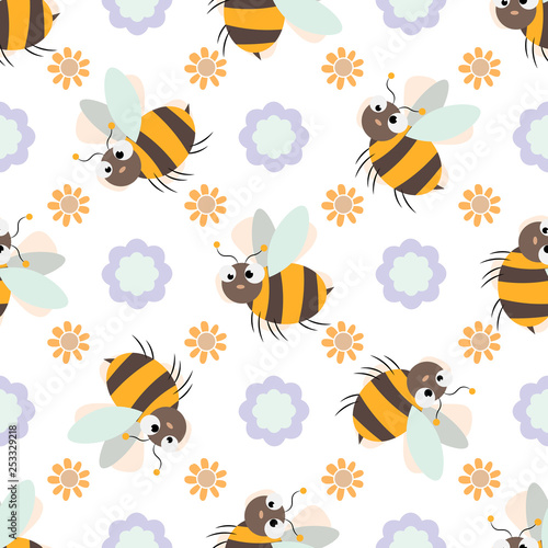 Seamless pattern with Friendly Cute cartoon Bee and flower