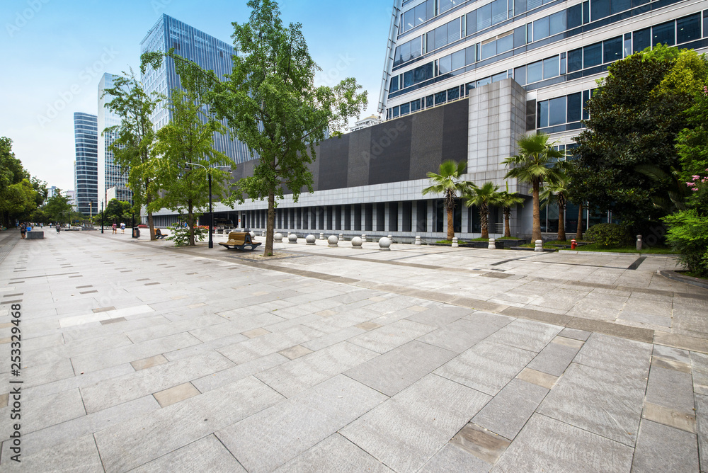 Panoramic skyline and buildings with empty concrete square floor in chengdu,china
