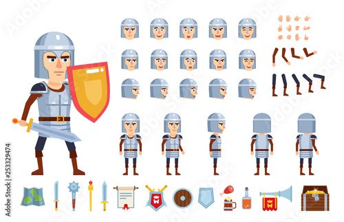 Medieval knight creation kit. Create your own pose, action, animation. Various emotions, gestures, design elements. Flat design vector illustration
