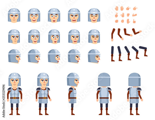 Medieval knight in armor creation set. Various gestures, emotions, diverse poses, views. Create your own pose, animation. Flat style vector illustration