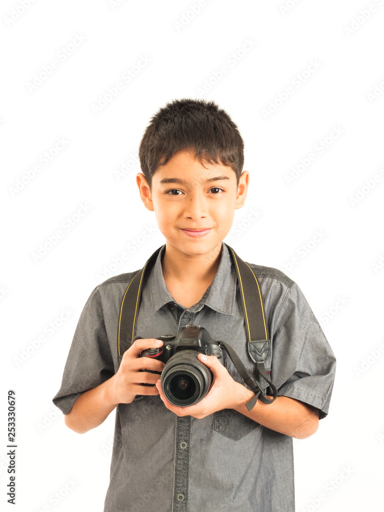 Asian boy with DSLR camera on white background Asian boy with DSLR camera on white background
