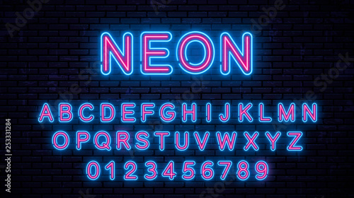 Neon blue - red letters. English alphabet. Vector Illustration