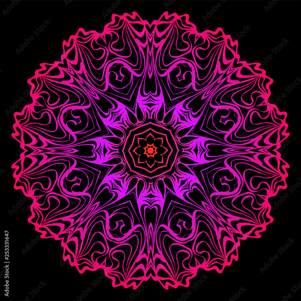 Decorative Mandala. Vector Illustration. Isolated. Tribal Ethnic Ornament With Mandala. Anti-Stress Therapy Pattern. Indian, Moroccan, Mystic, Ottoman Motifs. Black, purple color