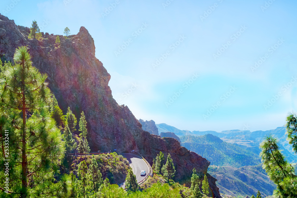 Beautiful top view of the mountains and mountain road. Grand Canaria. Spain. Travels. Transport.