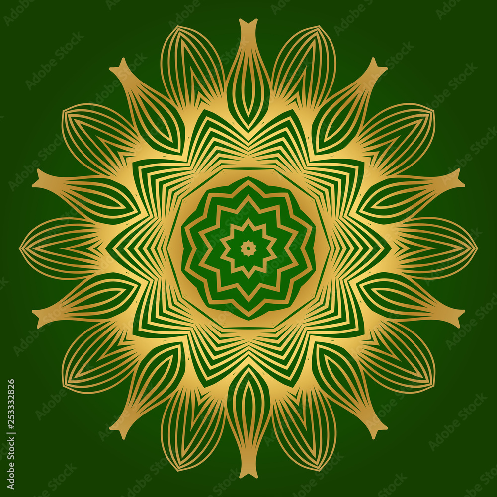 Decorative Round Lace Ornate Mandala. Vintage Vector Pattern For Print. Green gold color