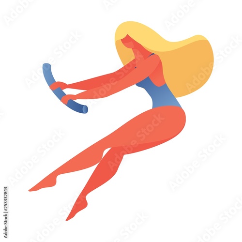 Isolated on white background vector flat girl doing water aerobics with waterobics noodles, vector fitness workout illustration