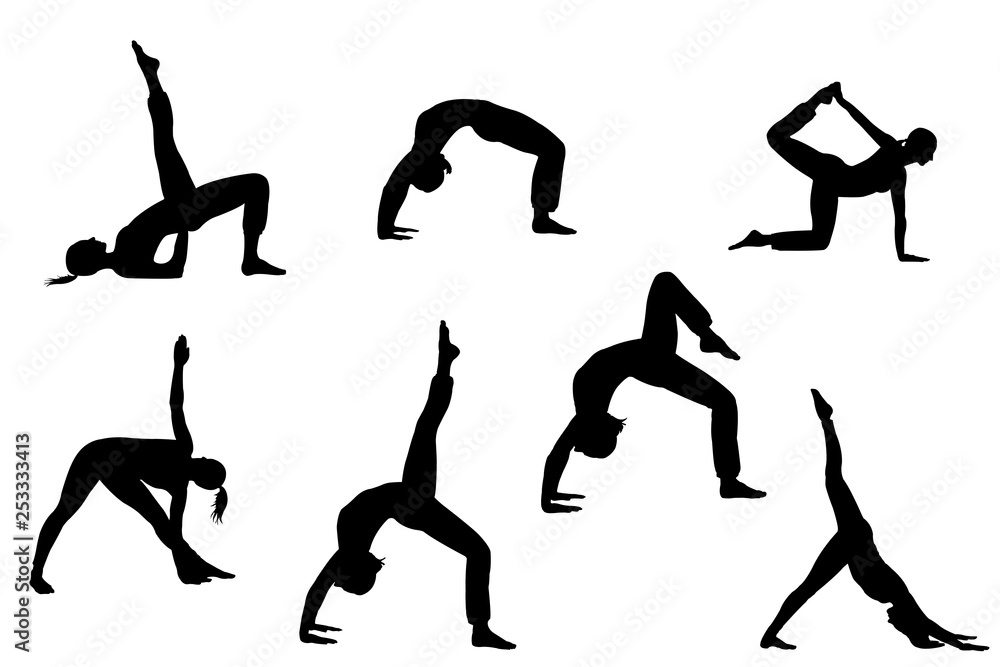 collection of yoga female silhlouette isolated on white background with clipping path collection of yoga female silhlouette isolated on white background with clipping path