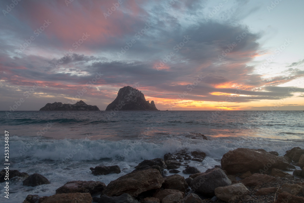 A beautiful sunset on the island of Es Vedra, Ibiza