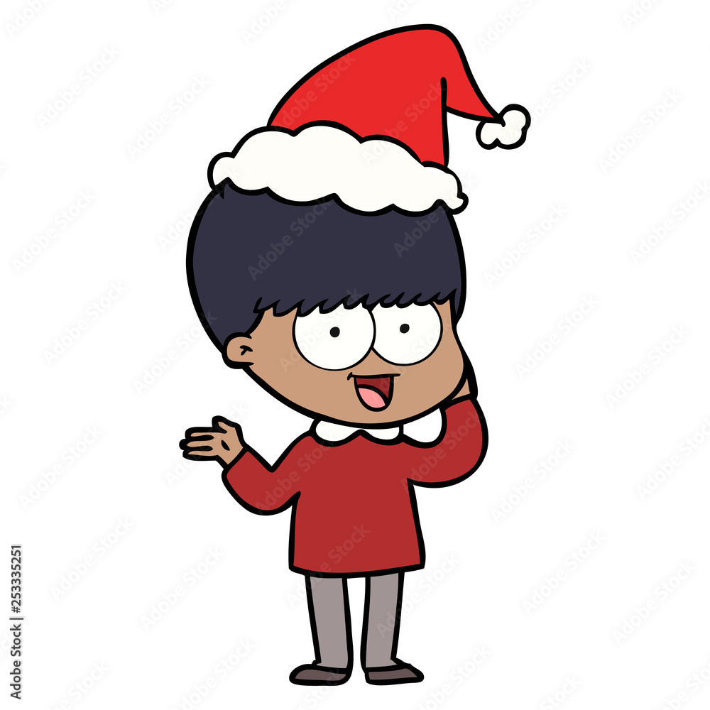 happy line drawing of a boy wearing santa hat happy line drawing of a boy wearing santa hat