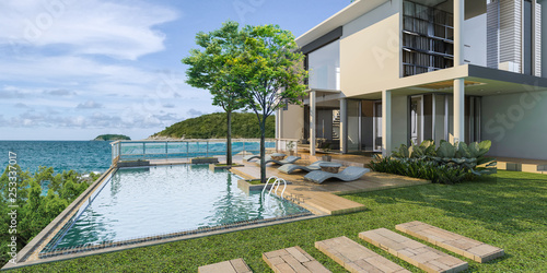 Sea view swimming pool in modern loft design,Luxury ocean Beach house