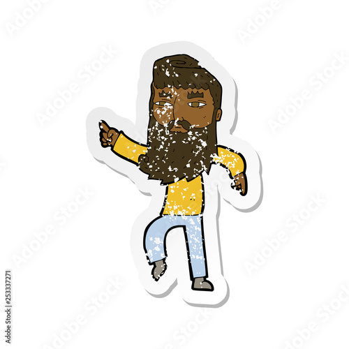 retro distressed sticker of a cartoon bearded man pointing the way