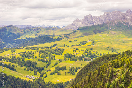 Fototapeta Naklejka Na Ścianę i Meble -  Alpe di Siusi, Seiser Alm with Sassolungo Langkofel Dolomite, a large green field with a mountain in the background