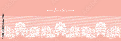 Vintage coral floral seamless lace trim header, great design for any purposes. Decorative ornate banner with flower. Modern fashion pattern. Vector abstract graphic design. Flower graphic border.
