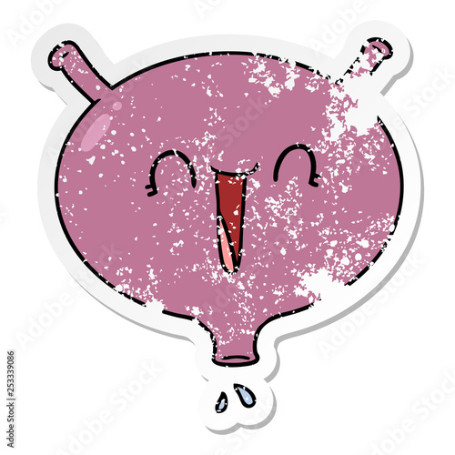 distressed sticker of a cartoon laughing bladder