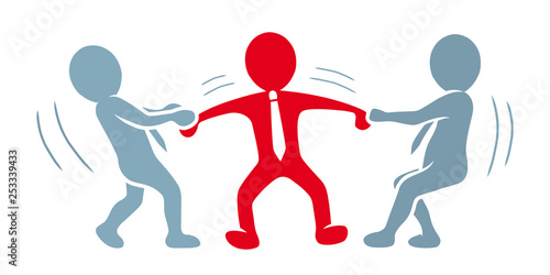 Geschäftsleute: Mitarbeiter abwerben / Jemanden auf seine Seite ziehen / Hin und her gerissen sein / Rot-Blaugrau, Flat Design, Vektor, Icon