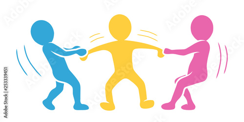 Farbige Figuren: Jemanden auf seine Seite ziehen / Mitarbeiter abwerben / Hin und her gerissen sein / Flat Design, Vektor, Icon