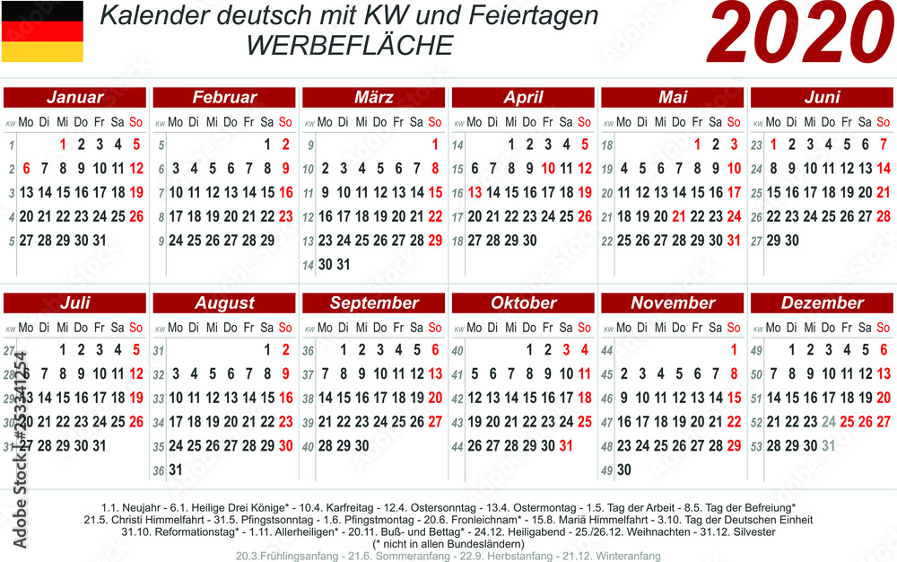 Obraz Kalendarz 2020 - czerwony - krzyż - niemiecki - ze świętami państwowymi (85 x 54 mm)