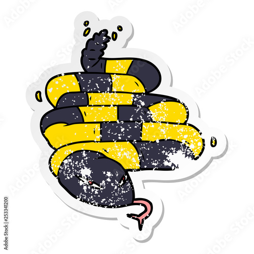 distressed sticker of a cartoon poisonous snake