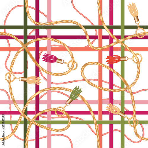 Seamless pattern with belts,chains and tassels. Colorful trendy print for fabric, scarf, cravat design. Vector
