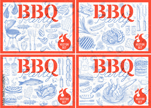 Set bbq barbecue grill posters elements grilled food, sausages, chicken, french fries, steaks, fish, BBQ bar vegetables party welcome. Sketch style set drawing products. Hand drawn vector illustration