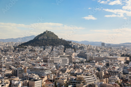View from Acropolis Hill to Lycabettus Hill, Greek Parliament on the background of the Athens city, Greece.