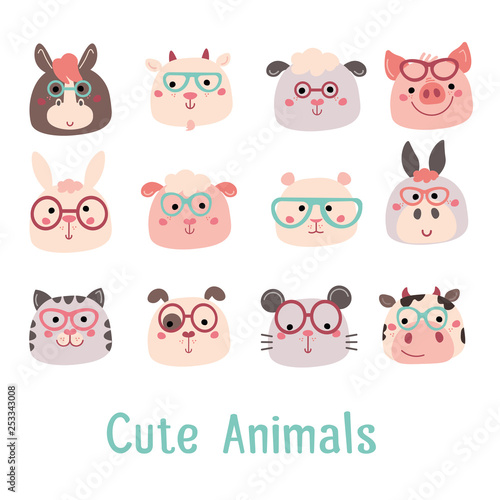 Vector Hand drawn characters: goat, pig, cow, sheep, cat, dog, mouse, rabbit, hamster, donkey. For cards, invitations, baby clothes, posters and prints