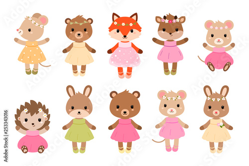Cute dressed woodland animals in modern flat style. Vector.