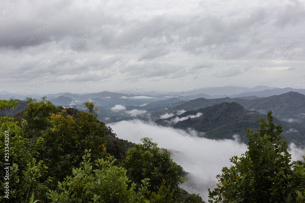 panorama of mountains with fog