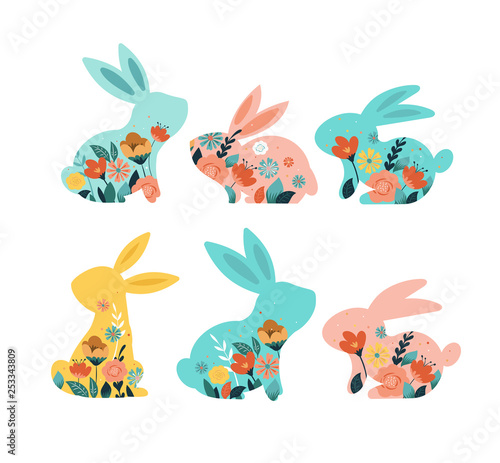 Happy Easter vector illustrations of bunnies, rabbits icons, decorated with flowers