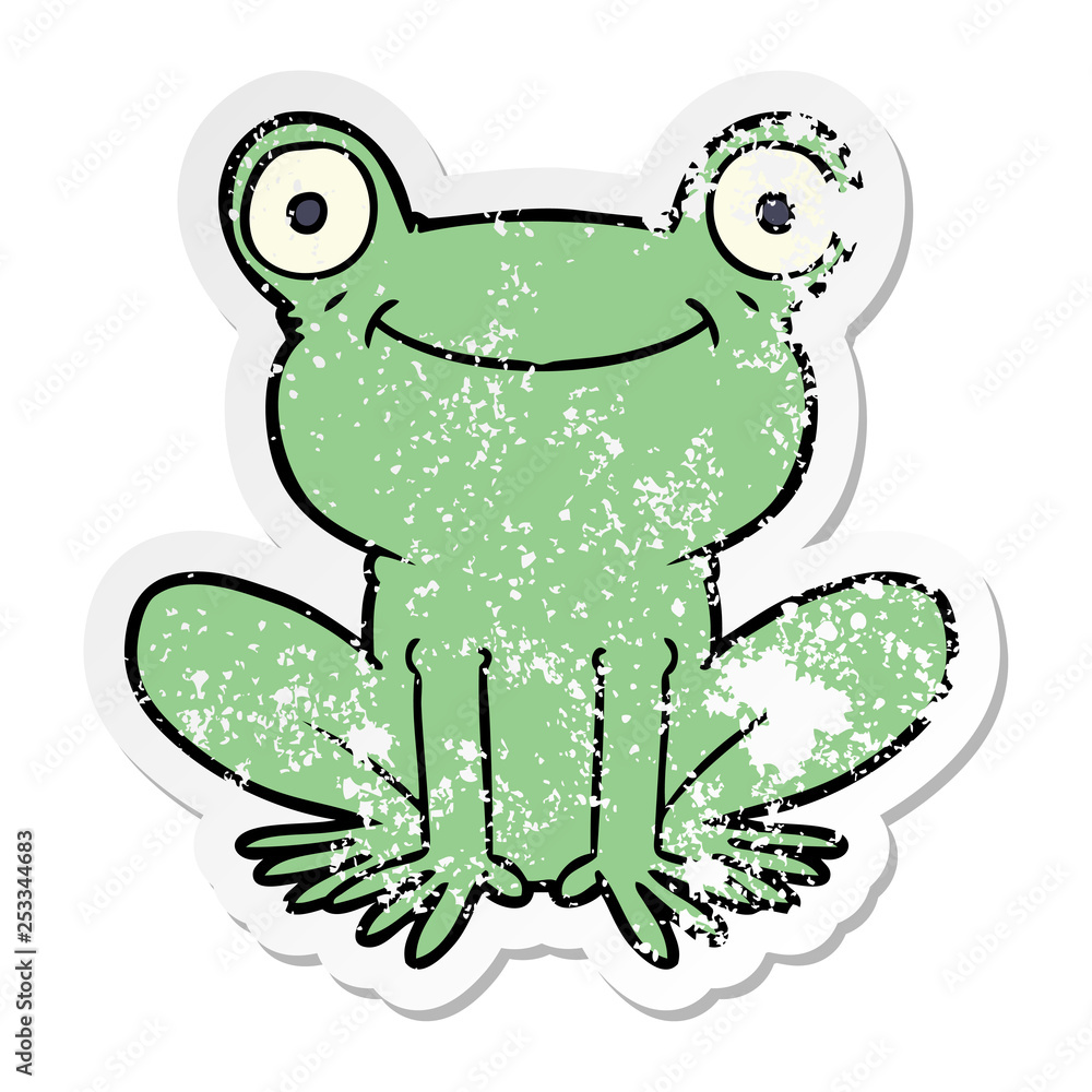 distressed sticker of a cartoon frog distressed sticker of a cartoon frog