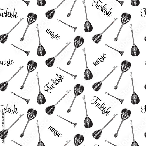 Vector seamless pattern with black and white turkish musical instruments